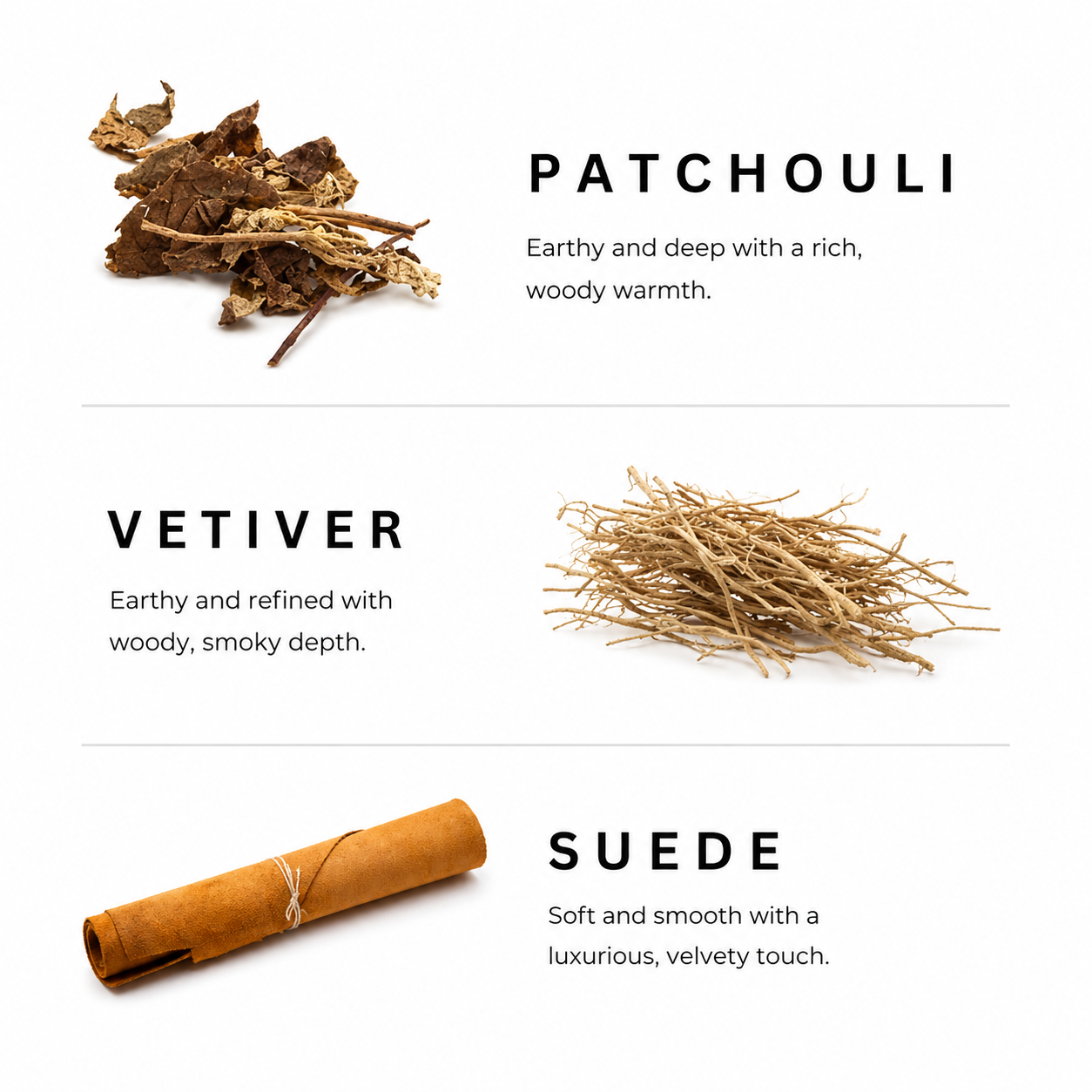 Three different types of herbs labeled 'Patchouli', 'Vetiver', and 'Suede' on a white background.