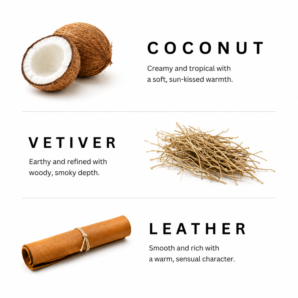 Coconut, Vetiver, and Leather scents with corresponding labels on a white background