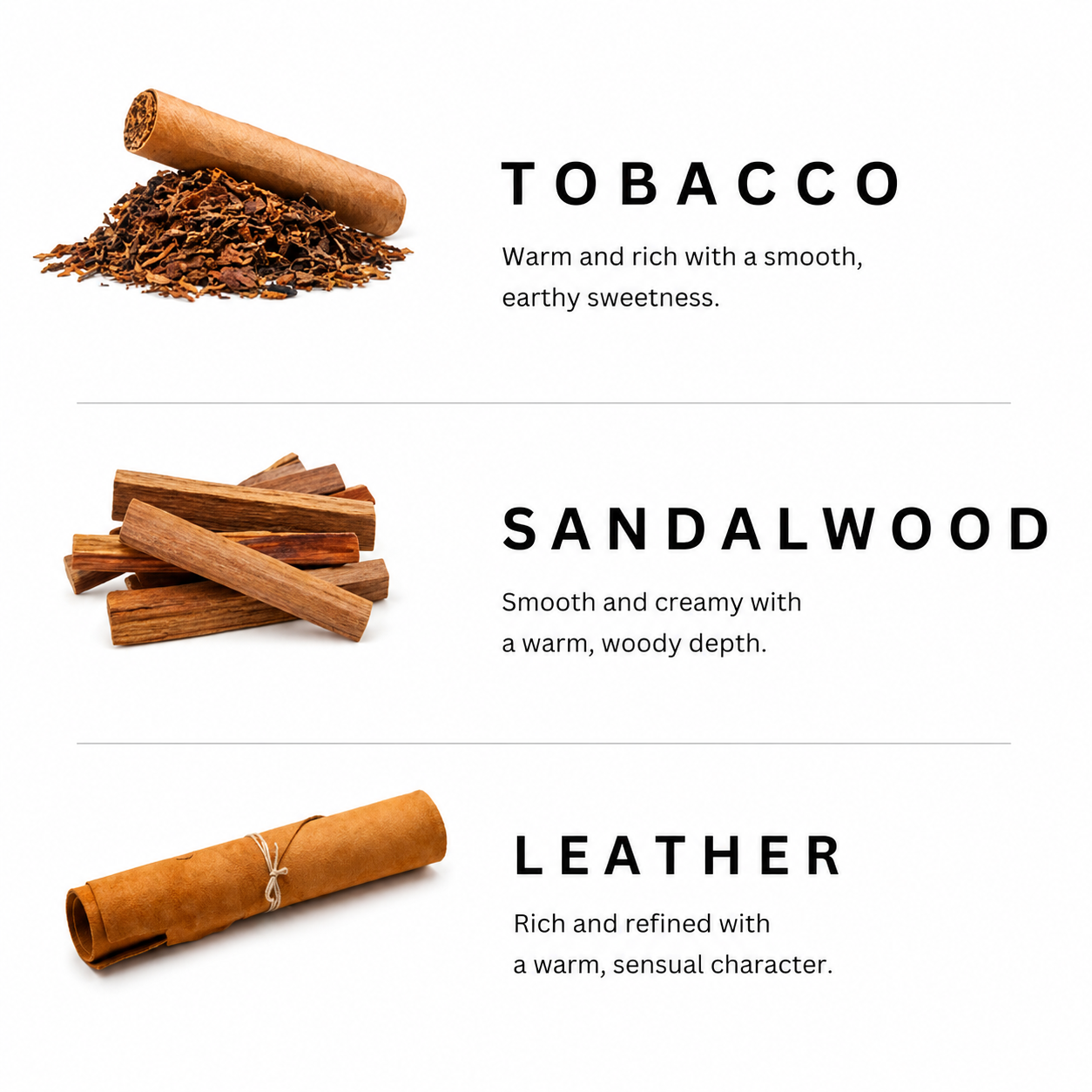 Three scents labeled as Tobacco, Sandalwood, and Leather on a white background.